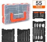 Coffrets de Forets 55 Pieces ValueMax, Comprend Forets a Beton, Forets Metal, Meche a Bois Plate et Embouts de Tournevis et Boite de Rangement
