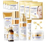 Coffrets de Soins pour la Peau, 12PCS Collagène Skincare Kit con Creme Collagene Visage, Serum Visage, Cleanser, Lotion Tonique visage, Masque Collagène, Creme Yeux, Eye Patch, Nourrir la peau