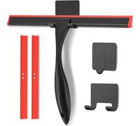 COFTCLMOMT Raclette de douche en acier inoxydable de 25 cm avec crochet auto-adhésif et lame de rechange - Noir - Pour salle de bain - Raclette à eau en verre - Poignée courte - Raclette pour vitre de