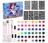 Cofvetia Kit Tatouage Paillettes, 48 Couleurs de Poudre de Paillettes, 204 Pochoir, 5 Pinceaux, 3 Colles, Tatouages de Paillettes Temporaires Pour la JournéE des Enfants, L'Anniversaire