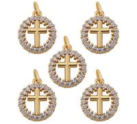 COGCHARGER Lot de 5 Pendentifs Croix Plaqué Or 16K,Pendentif Croix Ronde en Laiton Avec Oxyde de Zirconium,pour la Fabrication de Bijoux, Colliers, Bracelets, Boucles D'oreilles