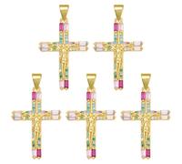 COGCHARGER Lot de 5 pendentifs en forme de croix pour bracelets, véritables breloques en laiton plaqué or 18 carats, avec cristaux de zircone colorés et œillets, pour la fabrication de bijoux, boucles