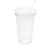 COHEALI Gobelet Verre avec Paille et Couvercle Design Vertical Rayé Transparent Réutilisable et Facile à Nettoyer pour Lait Jus Thé Smoothie Café et Boissons Froides