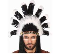 Coiffe Chef Indien Plumes Noires et Blanches Blanches G