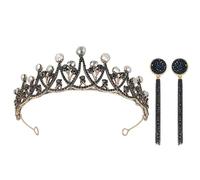 Coiffe Couronne Baroque Vintage Noire en Alliage pour Mariée Élégante | Set Coordonné Paire de Boucles D’oreilles, Look Chic et Exquis, Usage Scène Théâtre