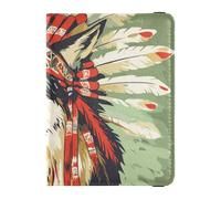 Coiffe de cowboy occidental indien tribal loup vert en cuir décoratif pour passeport de voyage organisateur de documents de voyage protecteur mignon carnet de passeport imperméable, Coiffe indienne de