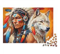 Coiffe Indienne à Plumes Puzzle 1000 Pièces Loup Papier pour Adultes Relaxation Décor Maison 70x50cm/1000pcs