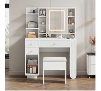 Coiffeuse- 100cm - Miroir LED 3 Couleurs & Tabouret - Rangement Intelligent avec Armoire Latérale Cachée - Blanc & Or