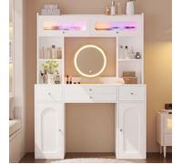 Coiffeuse 120 x 40 x 160 cm coloris blanc en MDF et verre 4 tiroirs avec éclairage LED avec miroir avec rangement