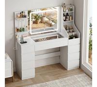 Coiffeuse 135 cm avec Miroir LED et Luminosité Réglable - Grande Table de Maquillage avec 9 Tiroirs et Prise Électrique, Meuble de Chambre Moderne Blanc