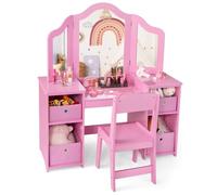 Coiffeuse 2 en 1 pour Enfant avec Miroir Amovible - Coiffeuse Princesse avec Chaise - Coiffeuse avec boîtes de Rangement et Compartiments Ouverts - Coiffeuse en Bois pour Fille (Rose)