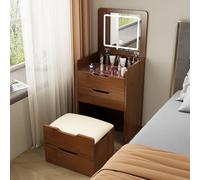 Coiffeuse 3 en 1 avec miroir rabattable et tabouret roulant, bureau de maquillage LED intégré avec 4 tiroirs, commode compacte