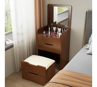 Coiffeuse 3 en 1 en noyer avec lumières LED, miroir rabattable, ottomane cachée et rangement de chevet - Table de maquillage compacte pour petits espaces, 60 cm