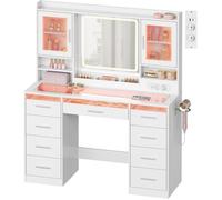 Coiffeuse 9 Tiroirs WOLTU - Miroir LED Réglable et Éclairage RGB - Plateau en Verre - Prise de Courant - Blanc