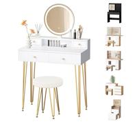 Coiffeuse ALFORDSON avec miroir lumineux LED, pouf assorti, coiffeuse crème et or pour petits espaces, chambre