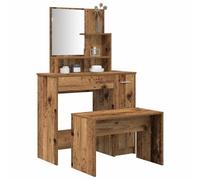 Coiffeuse aspect bois vieilli avec miroir et tabouret - 86,5 x 35 x 136 cm - Tiroir de rangement - Éclairage LED - Table de maquillage pour chambre à coucher, salle de bain, chambre de fille