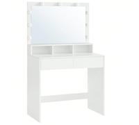 Coiffeuse Avec 2 Tiroirs, 3 Compartiments, Miroir Avec 9 Led, 80 X 40 X 140 Cm, Sans Tabouret, Blanc Blanc