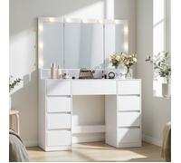 Coiffeuse avec 9 Tiroirs Miroir Triple Pliable Éclairage LED 3 Couleurs Chambre Multiprise Intégrée Blanc