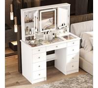 Coiffeuse avec éclairage LED, 3 miroirs, 9 tiroirs, plateau en verre, coiffeuse avec compartiments cachés, grand espace de rangement, MDF, 50 x 110 x 136 cm, blanche
