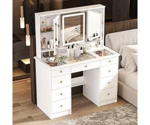 Coiffeuse avec éclairage LED, 3 miroirs, 9 tiroirs, plateau en verre, coiffeuse avec compartiments cachés, grand espace de rangement, MDF, 50 x 110 x 136 cm, blanche