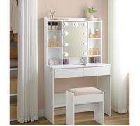 Coiffeuse avec Éclairage LED de 9 Ampoules Tabouret Rembourré 3 Couleurs avec Luminosité Réglable Blanc et Blanc Mat-Rose Bonbon