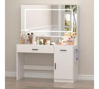 Coiffeuse avec éclairage LED, miroir et prise, 3 couleurs avec luminosité réglable, 4 tiroirs, 6 étagères, espace de rangement fermé et caché, chambre moderne