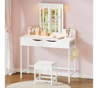 Coiffeuse avec éclairage, tiroirs en Tissu, tiroirs Miroir, luminosité réglable, Coiffeuse avec Portes, Table de Maquillage avec étagère à Bijoux, étagères réglables, Couleur Bois