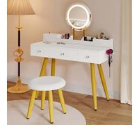 Coiffeuse avec éclairage, tiroirs en Tissu, tiroirs Miroir, luminosité réglable, Coiffeuse avec Portes, Table de Maquillage avec étagère à Bijoux, étagères réglables, Couleur Bois