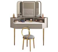 Coiffeuse avec éclairage, Vanity Desk avec 3 Options d'éclairage, luminosité Ajustable, Coiffeuse avec tiroir à 3 miroirs rabattables, étagères et Tabouret,Vanity d'angle pour Femmes Filles