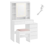 Coiffeuse avec grand miroir compartiments ouverts tabouret blanc nuage Blanc