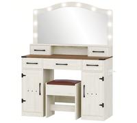 Coiffeuse avec Grand Miroir et éclairage LED, Coiffeuse avec Tabouret, Multiprise et Support Sèche Cheveux, Grand Plateau de 108 cm, 5 Tiroirs, 2 Portes, Marron et Blanc Rustiques À propos de cet arti