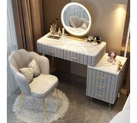 Coiffeuse avec LED Miroir, ÉClairage LED RéGlable 3 Couleurs, Coiffeuse Set avec 5 Tiroir en Bois et Chaise en Velours, Style Moderne, 80/100 * 40 * 76 CM