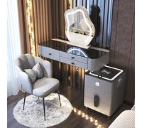 Coiffeuse avec lumière, 5 tiroirs, avec tabouret rembourré, support de charge sans fil USB/haut-parleur Bluetooth, adaptée pour dressing, coiffeuse grise