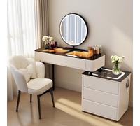 Coiffeuse avec lumières - Table de maquillage avec miroir LED et chaise - Ensemble coiffeuse avec chargement sans fil, tiroirs et haut-parleur Bluetooth (blanc, 80 cm)