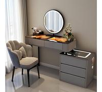 Coiffeuse avec lumières - Table de maquillage avec miroir LED et chaise - Ensemble coiffeuse avec chargement sans fil, tiroirs et haut-parleur Bluetooth (gris, 100 cm)