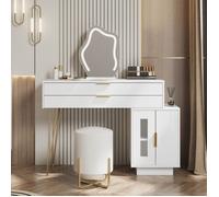 Coiffeuse avec Miroir à LED, Table de Maquillage Blanc Moderne, Commode avec Tiroirs et Portes, Design Rétractable, 100x40x78 cm