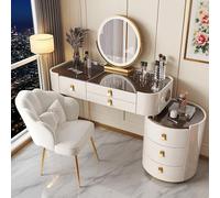 Coiffeuse avec miroir, chargeur sans fil et haut-parleur Bluetooth, 6 tiroirs, cadeau pour fille (blanc/doré, 80 cm)