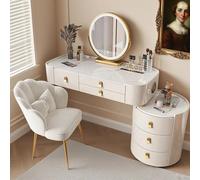 Coiffeuse avec miroir, chargeur sans fil et haut-parleur Bluetooth, 6 tiroirs, cadeau pour fille (blanc et or, table brillante UV, 100 cm)