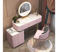 Coiffeuse avec miroir de maquillage et tabouret à 6 tiroirs, commode de chambre à coucher avec table de chevet pour un grand rangement (rose, 80 cm)