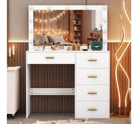 Coiffeuse avec miroir, éclairage LED, coiffeuse à 5 tiroirs, table cosmétique Description du produit :Cette coiffeuse présente un design gracieux avec un grand plateau qui offre une capacité de rangem