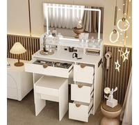 Coiffeuse avec miroir et chaise, éclairage et prises USB, 3 étagères ouvertes et 4 tiroirs, pour chambre à coucher, dressing, studio (blanc, 140 x 90 x 40 cm)