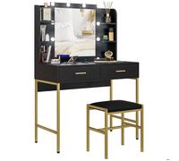 Coiffeuse avec miroir et éclairage intégré - HOMCOM - tabouret rembourré - 2 tiroirs, étagères - coiffeuse moderne - noir