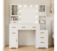 Coiffeuse avec Miroir et Éclairage LED, 124 cm, Table de Maquillage avec 7 Tiroirs et 3 Placards, 3 Couleurs de Lumière, Prises et USB, Coiffeuse Blanche Moderne Chambre
