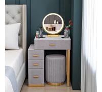 Coiffeuse avec Miroir et éclairage LED, Meuble Coiffeuse avec 4 Tiroirs et Une Tabourets, 3 Couleurs avec Luminosité Réglable, Coiffeuse pour Chambre à Coucher