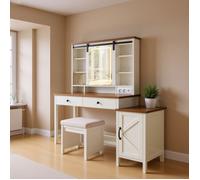 Coiffeuse avec Miroir et Éclairage Tabouret Station de Charge 2 Tiroirs Rangement pour Bijoux Blanc et Marron