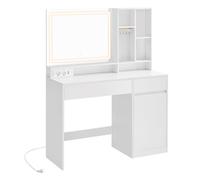 Coiffeuse avec Miroir et Lumière, Largeur de 110 cm, avec Tiroir et Étagères Réglables, Prise de Courant, Blanc Nuage