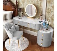 Coiffeuse avec miroir et lumières, grande coiffeuse avec audio Bluetooth, bureau de maquillage avec chaise et tiroirs, table de maquillage avec chargement sans fil (gris avec verre trempé A, 100 cm)
