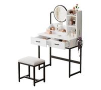 Coiffeuse avec miroir et tabouret, 2 tiroirs et compartiment de rangement ouvert pour chambre à coucher et dressing, 80 x 40 x 138,5 cm, blanc et noir