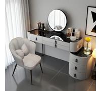 Coiffeuse avec miroir et tabouret, avec chargeur sans fil intelligent/haut-parleur Bluetooth, table de maquillage avec 6 tiroirs (gris-noir, plateau en verre trempé de 80 cm)