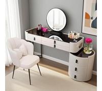 Coiffeuse avec miroir et tabouret, avec chargeur sans fil intelligent/haut-parleur Bluetooth, table de maquillage avec 6 tiroirs, cadeau pour filles (blanc et noir, plateau en verre trempé de 80 cm)